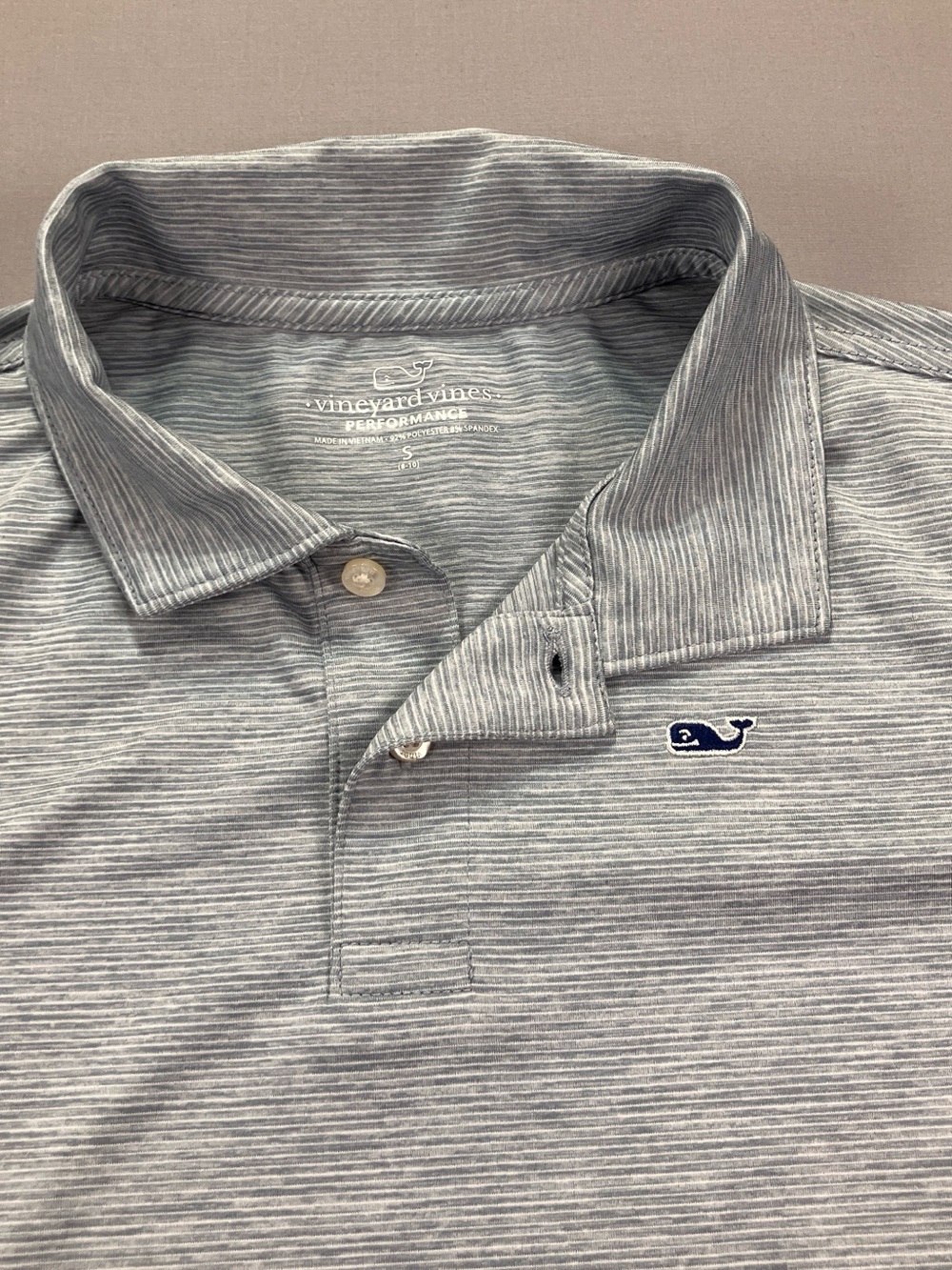 Vineyard Vines Boys Performance Heathered Blue Stripe Polo S/S Size Small (8-10)